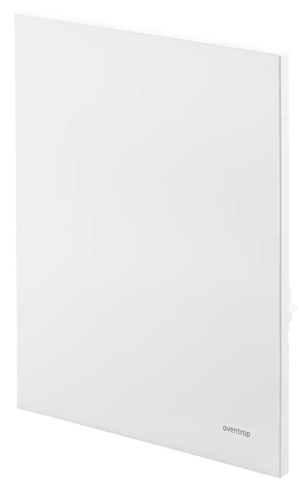 Weiße Abdeckung aus Echtglas für Heizungsuniboxen, geliefert von Oventrop, montiert an einer Wand. Klare, minimalistische Gestaltung.